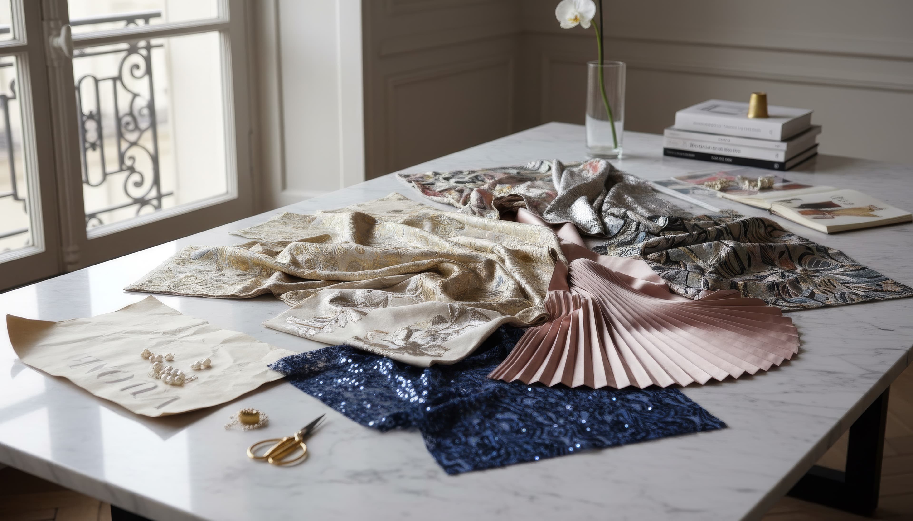 The atelier worktable: silk, brocade and pleated fabric on marble beside a window